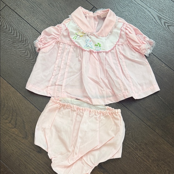 Other - Pink Baby Two-Piece Dress Set with Embroidered Bib - Easter - Vintage 0-3 months